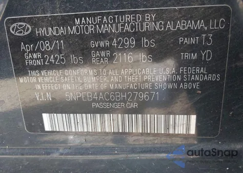 2011 Hyundai Sonata Gls from USA, damaged, VIN 5NPEB4AC6BH279671
